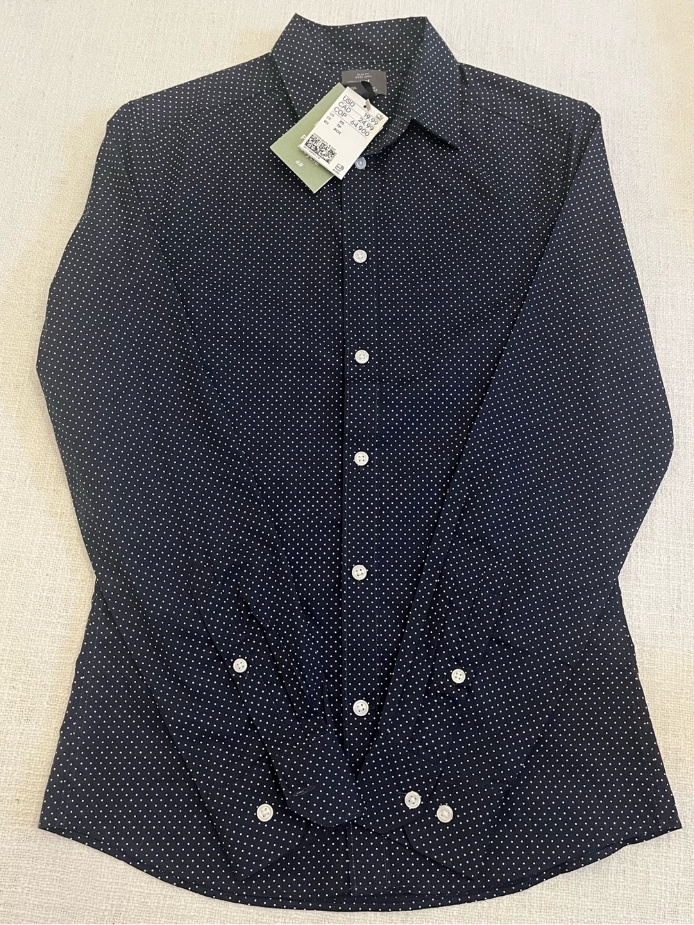 H&M XS Men's Slim Fit Easy-Iron Dress Shirt Navy Blue Polka Dot Long Sleeve